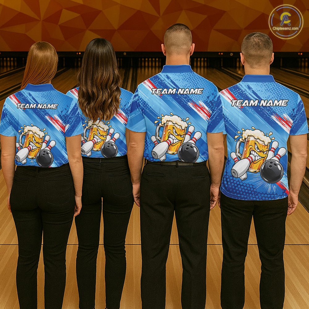 Blue Funny Beer Bowling Jersey For Men Custom Bowling League Bowling Team Shirts Polo & 1/4 Zip TDM7879