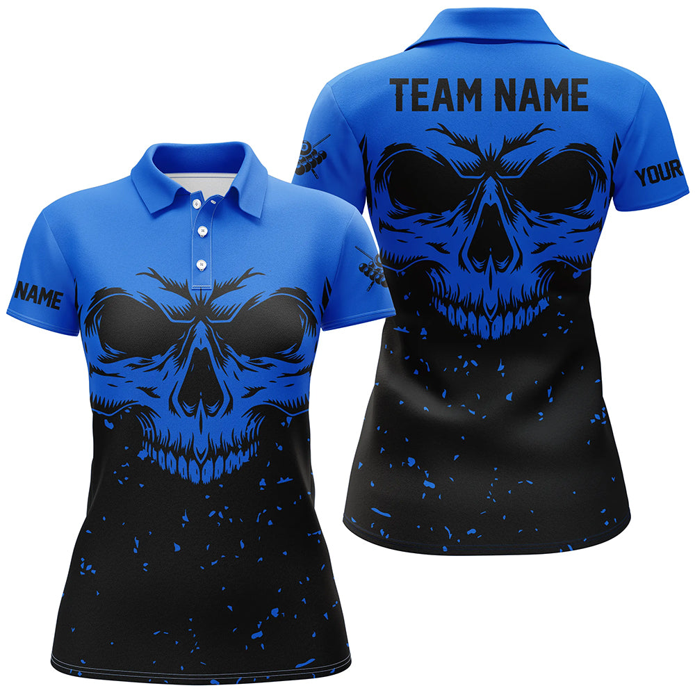 Custom Grunge Black Blue Skull Billiard Women Polo Shirts, 8 Ball Billiards Apparel Clothing TDM0734