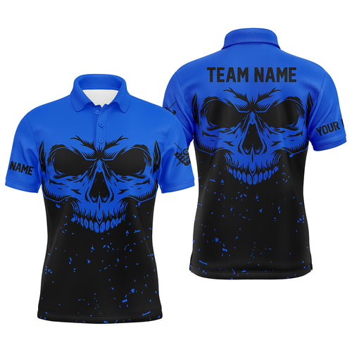 Custom Grunge Black Blue Skull Billiard Men Polo Shirts, 8 Ball Billiards Apparel Clothing TDM0734