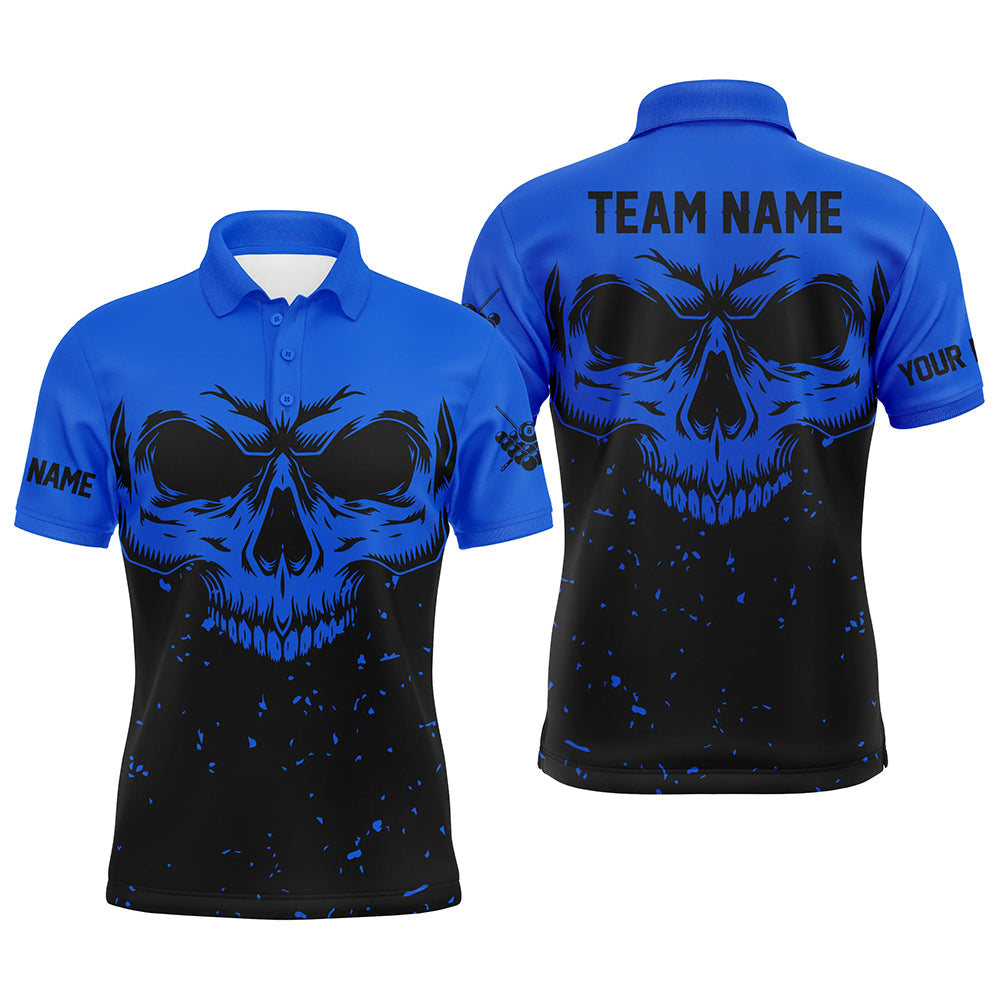 Custom Grunge Black Blue Skull Billiard Men Polo Shirts, 8 Ball Billiards Apparel Clothing TDM0734