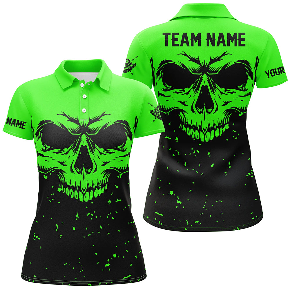 Custom Grunge Black Green Skull Billiard Women Polo Shirts, 8 Ball Billiards Apparel Clothing TDM0735