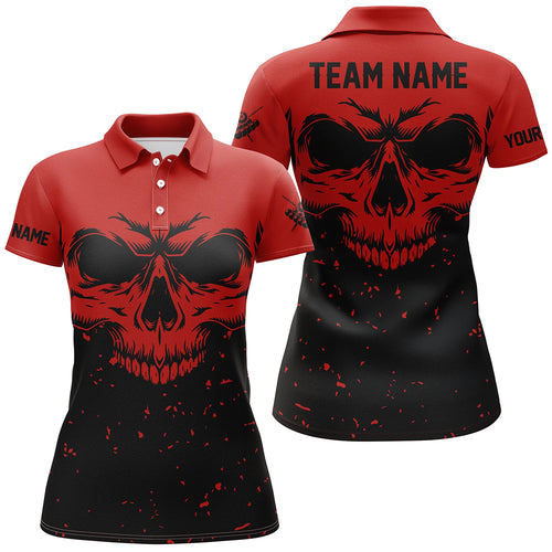 Custom Grunge Black Red Skull Billiard Women Polo Shirts, 8 Ball Billiards Apparel Clothing TDM0736