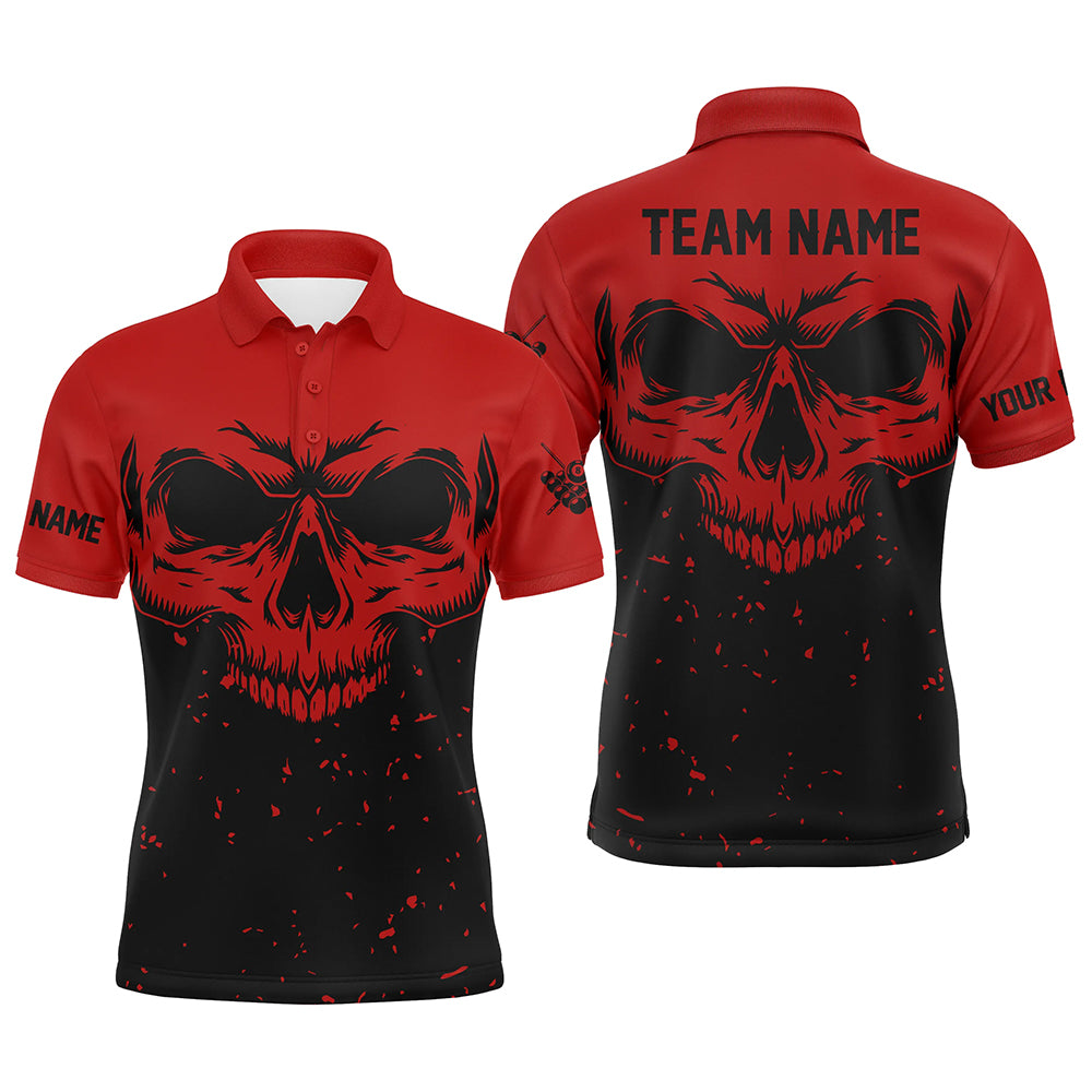 Custom Grunge Black Red Skull Billiard Men Polo Shirts, 8 Ball Billiards Apparel Clothing TDM0736