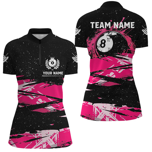 Custom Pink Grunge Billiard 8 Ball Women Quarter-Zip Shirt, Mother's Day Pool Player Gifts TDM1452