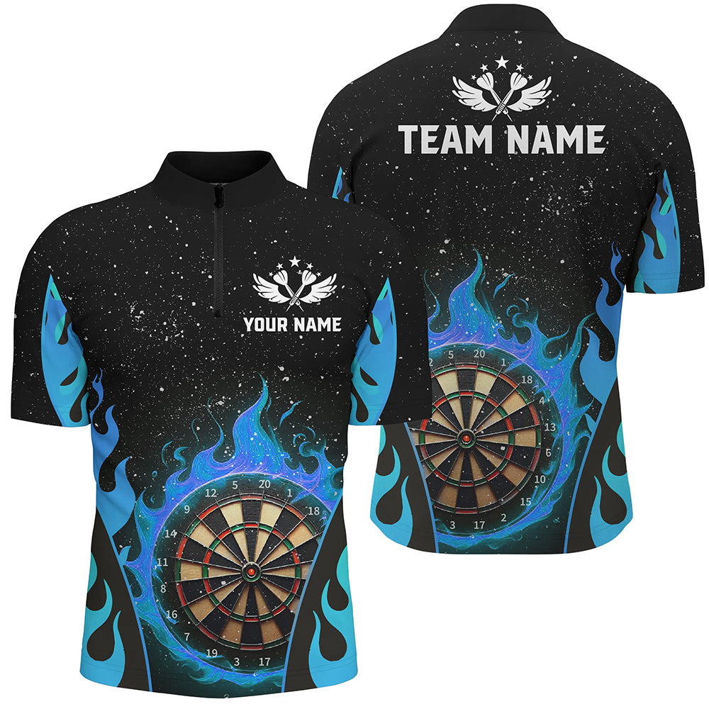 Customized Blue Darts Flaming Men Darts Quarter-Zip Shirt, Team Jersey Darts League Shirts TDM1456