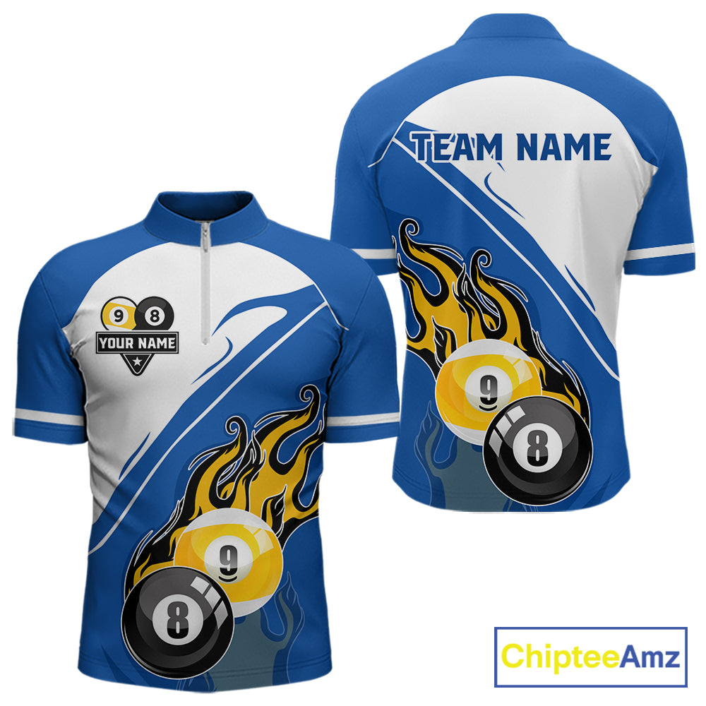 White And Blue 8 Ball & 9 Ball Flame Billiard Shirt For Men Custom Pool Team Jersey Polo & 1/4 Zip TDM6345