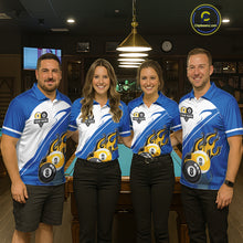 Load image into Gallery viewer, White And Blue 8 Ball &amp; 9 Ball Flame Billiard Shirt For Men Custom Pool Team Jersey Polo &amp; 1/4 Zip TDM6345