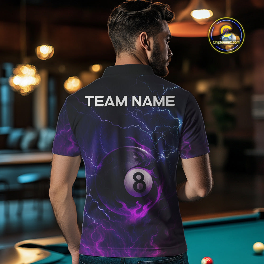 Personalized 3D Purple Billiard Jerseys For Men, Lightning 8 Ball Pool Billiard Team Shirts TDM4010