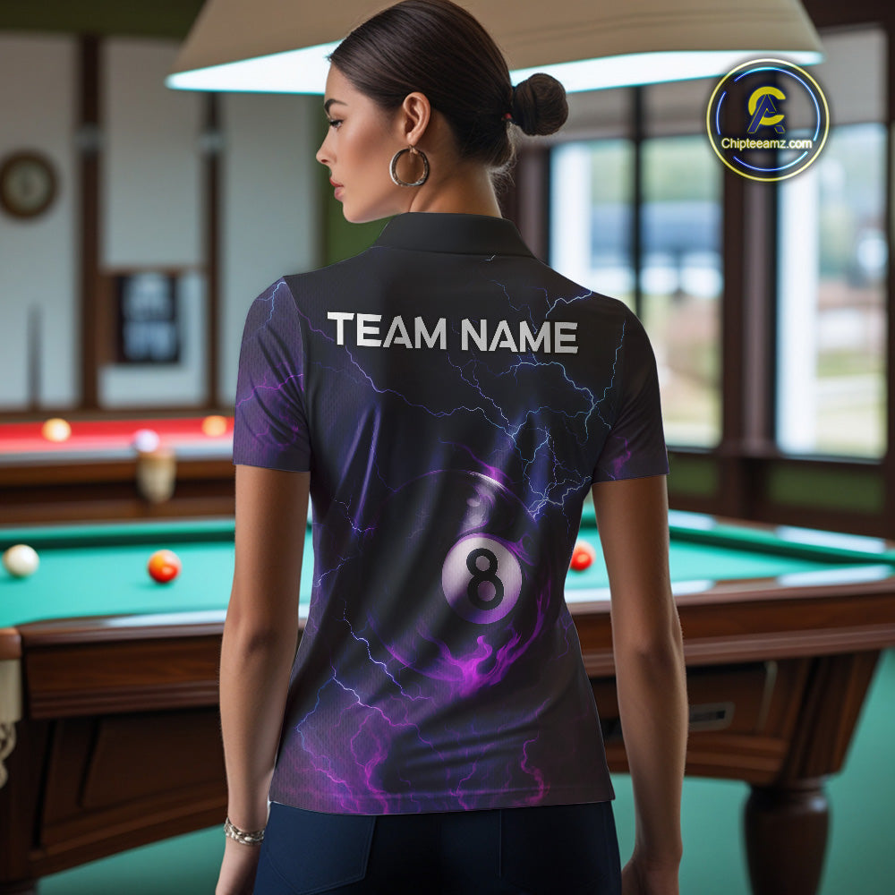 Personalized 3D Purple Billiard Jerseys For Women, Lightning 8 Ball Pool Billiard Team Shirts TDM4010