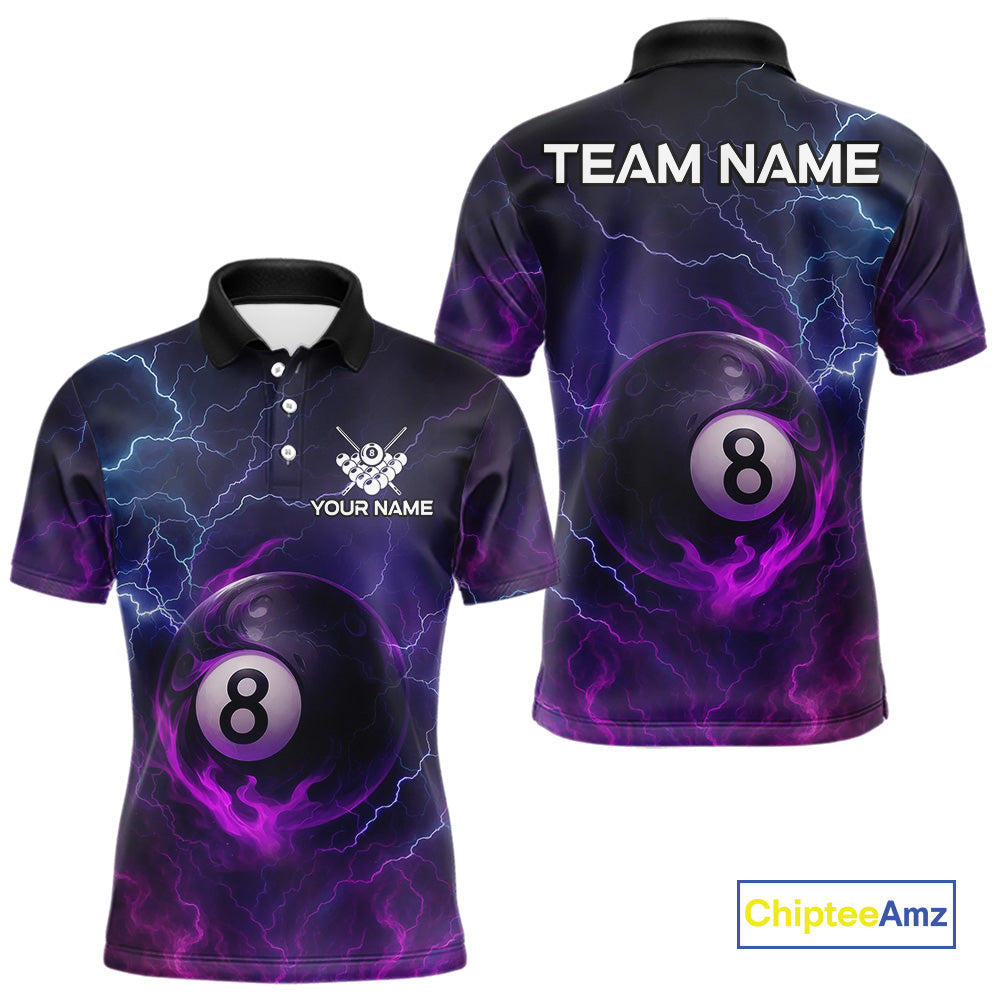 Personalized 3D Purple Billiard Jerseys For Men, Lightning 8 Ball Pool Billiard Team Shirts TDM4010