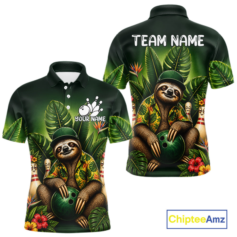 Custom Green Funny Sloth Tropical Bowling Shirts For Men, Bowling Team Jersey Polo & 1/4 Zip TDM6529