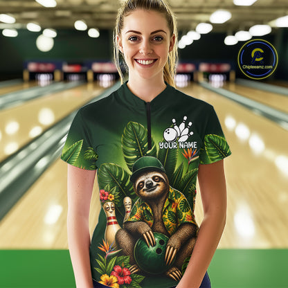 Custom Green Funny Sloth Tropical Bowling Shirts For Women, Bowling Team Jersey Polo & 1/4 Zip TDM6529