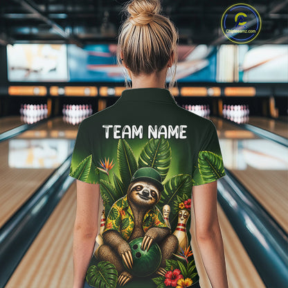 Custom Green Funny Sloth Tropical Bowling Shirts For Women, Bowling Team Jersey Polo & 1/4 Zip TDM6529