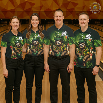 Custom Green Funny Sloth Tropical Bowling Shirts For Men, Bowling Team Jersey Polo & 1/4 Zip TDM6529