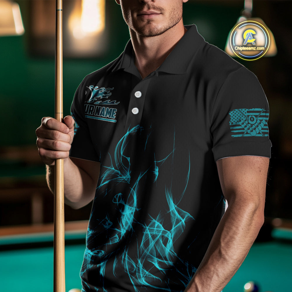 Turquoise Flaming American Flag Men's Billiard Shirt Custom Patriotic Pool Player Billiard Jersey TDM4194
