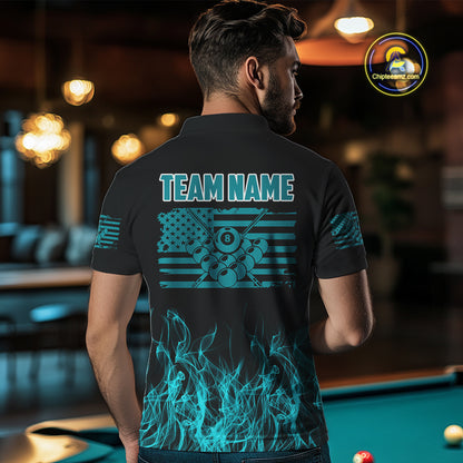 Turquoise Flaming American Flag Men's Billiard Shirt Custom Patriotic Pool Player Billiard Jersey TDM4194