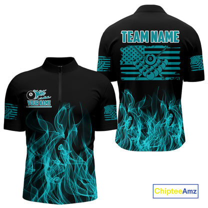 Turquoise Flaming American Flag Men's Billiard Shirt Custom Patriotic Pool Player Billiard Jersey TDM4194