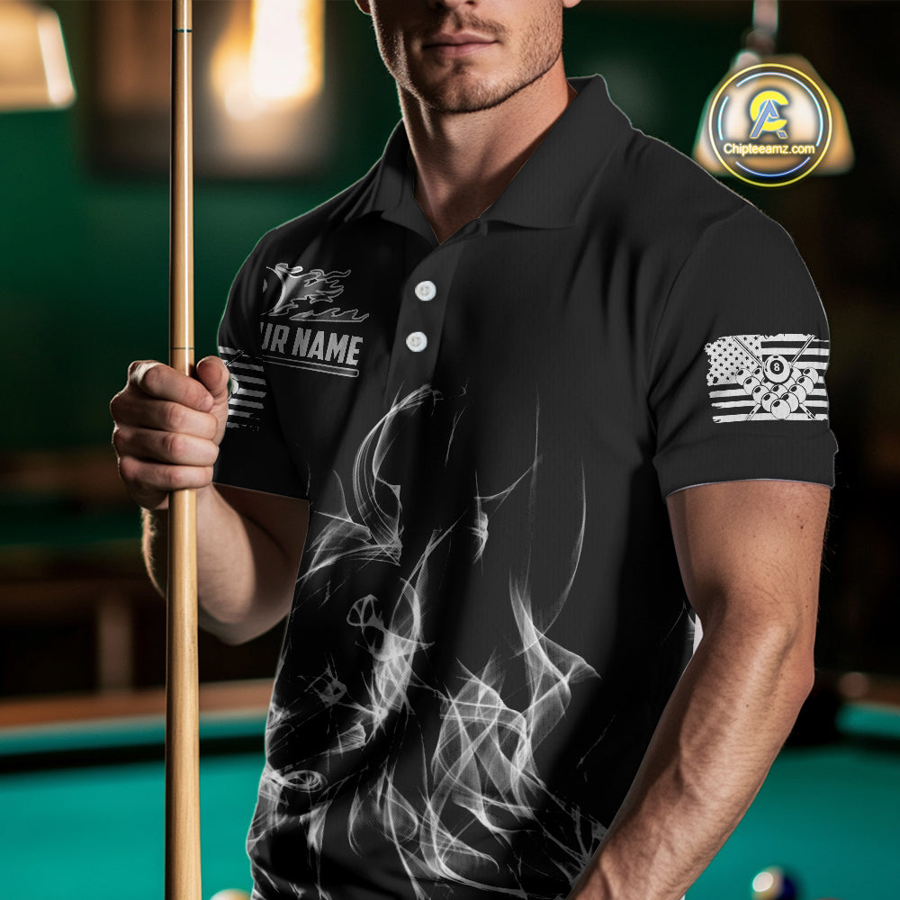 White Black Flaming American Flag Men Billiard Shirt Custom Patriotic Pool Player Billiard Jersey TDM4195