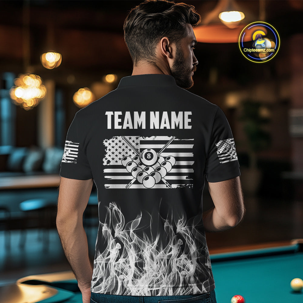 White Black Flaming American Flag Men Billiard Shirt Custom Patriotic Pool Player Billiard Jersey TDM4195