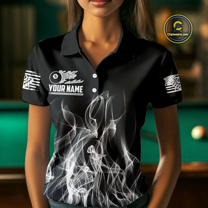 White Black Flaming American Flag Women Billiard Shirt Custom Patriotic Pool Player Billiard Jersey TDM4195