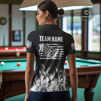 White Black Flaming American Flag Women Billiard Shirt Custom Patriotic Pool Player Billiard Jersey TDM4195