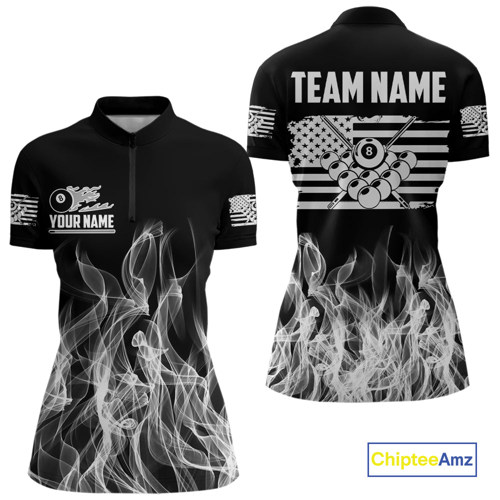 White Black Flaming American Flag Women Billiard Shirt Custom Patriotic Pool Player Billiard Jersey TDM4195