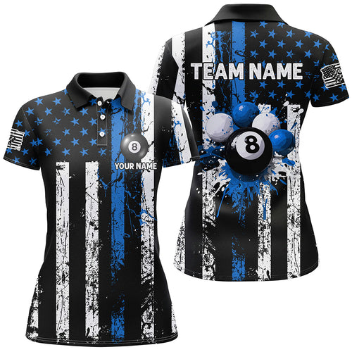 Blue Grunge US Flag Patriotic Billiard Shirts For Women Custom Splash Paint 8 Ball Billiard Jerseys TDM2247
