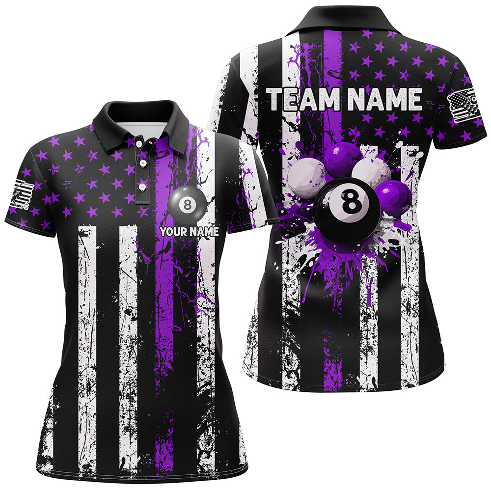 Purple Grunge US Flag Patriotic Billiard Shirts For Women Custom Splash Paint 8 Ball Billiard Jersey TDM2248