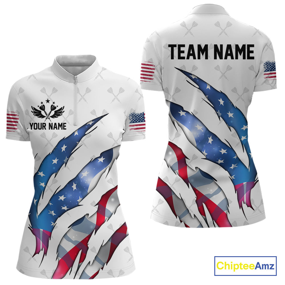 Personalized Glowing American Flag Patriotic Dart Shirt For Women, Darts Team Jerseys Polo & 1/4 Zip TDM4594