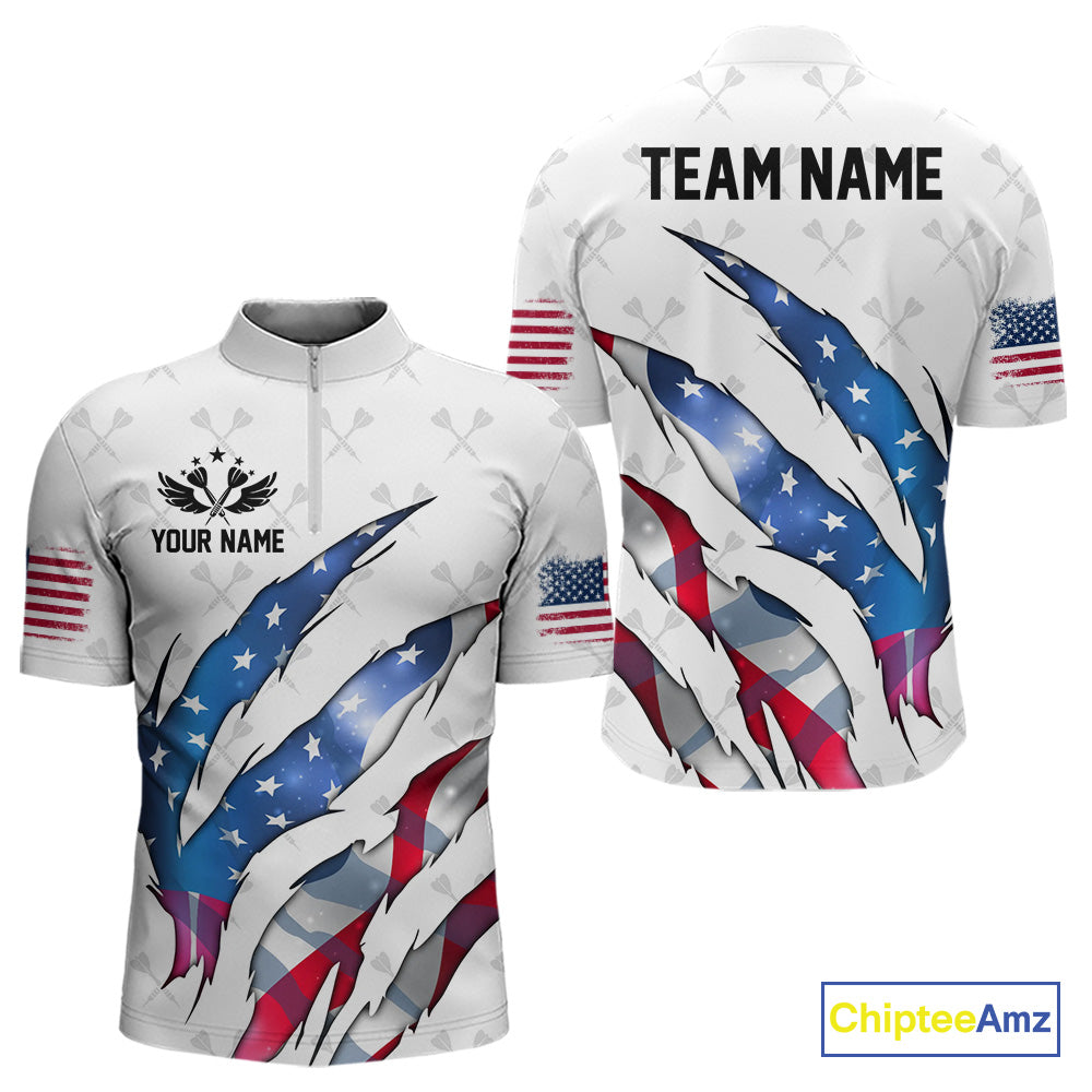 Personalized Glowing American Flag Patriotic Dart Shirt For Men, Darts Team Jerseys Polo & 1/4 Zip TDM4594