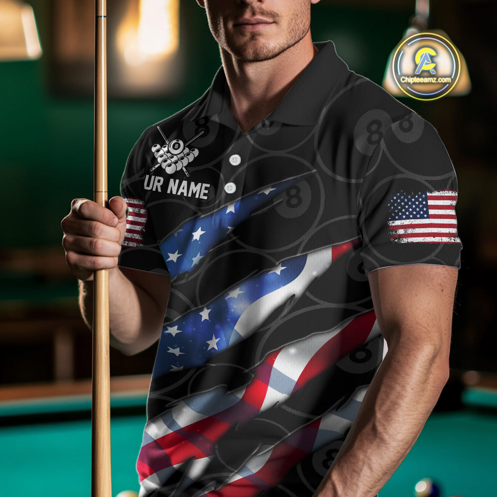Custom Glowing American Flag 8 Ball Billiard Shirt For Men, Patriotic Billiard Team Jerseys |Black TDM4595