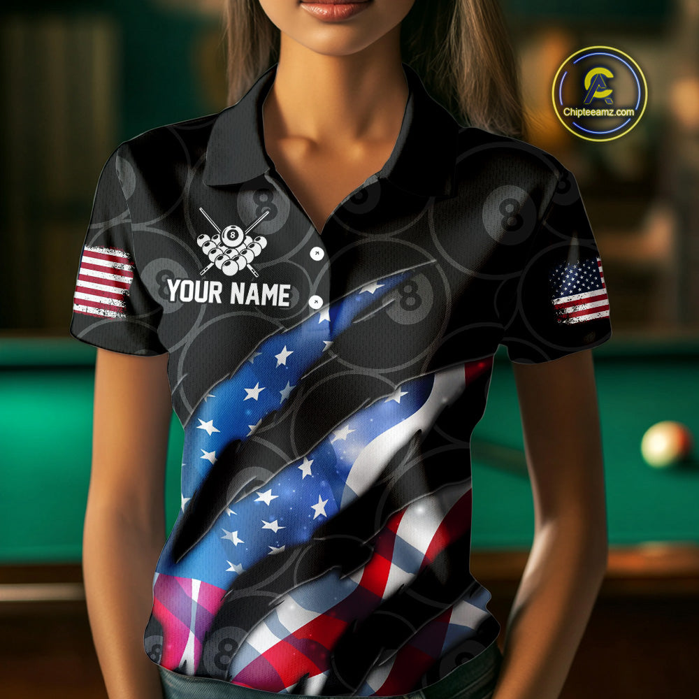 Custom Glowing American Flag 8 Ball Billiard Shirt For Women, Patriotic Billiard Team Jerseys |Black TDM4595