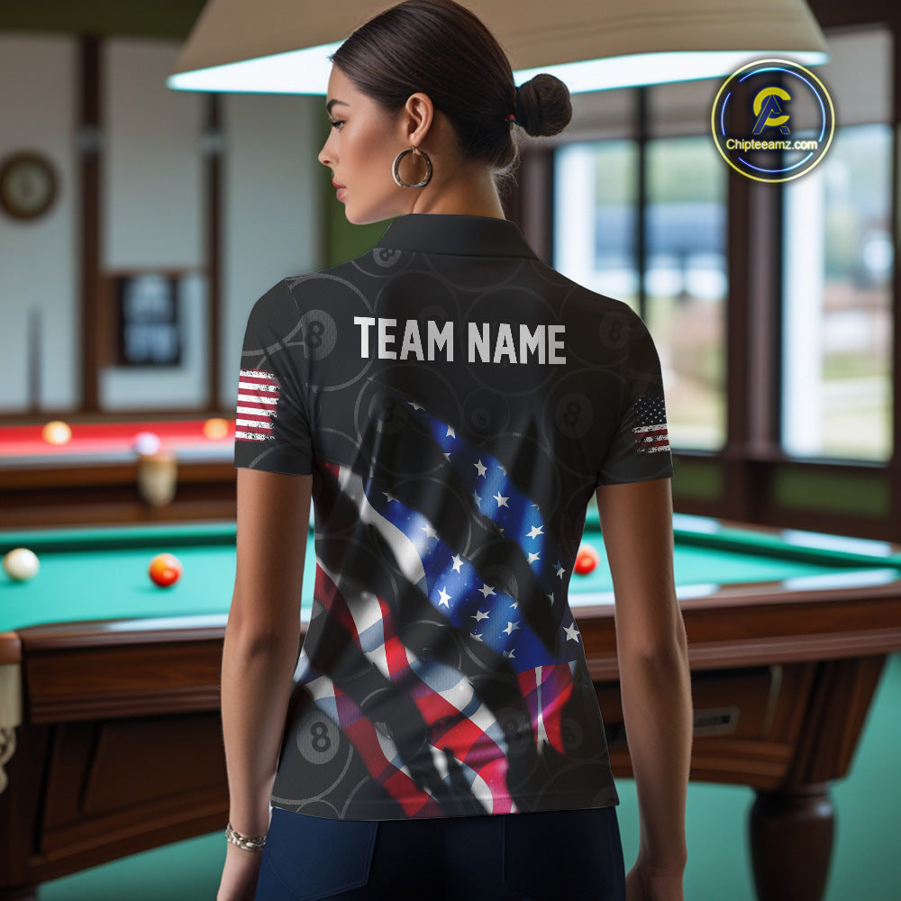 Custom Glowing American Flag 8 Ball Billiard Shirt For Women, Patriotic Billiard Team Jerseys |Black TDM4595