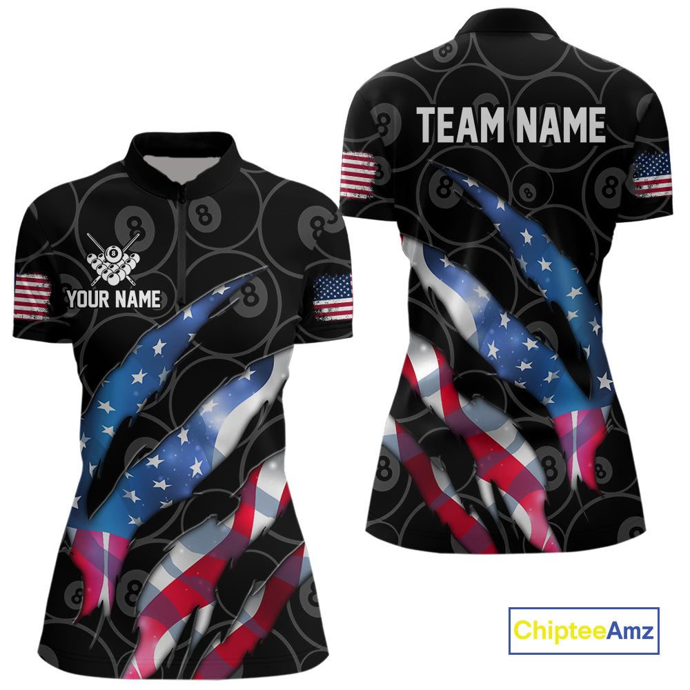 Custom Glowing American Flag 8 Ball Billiard Shirt For Women, Patriotic Billiard Team Jerseys |Black TDM4595