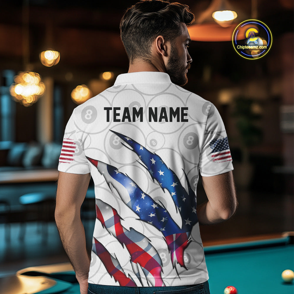 Custom Glowing American Flag 8 Ball Billiard Shirt For Men, Patriotic Billiard Team Jerseys |White TDM4596