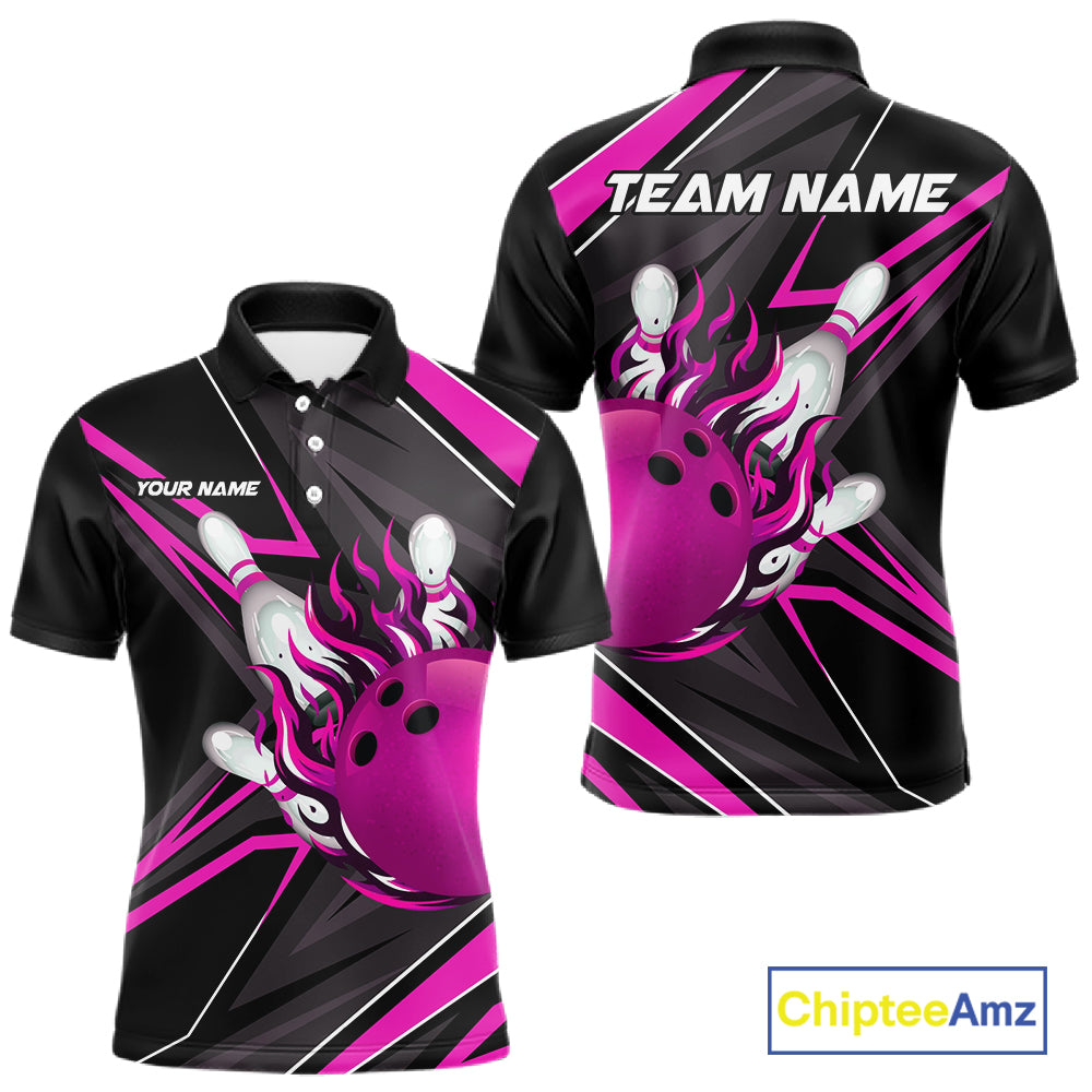 Pink And Black Men's Bowling Shirts Custom Fire Flame Bowling Team Jersey Polo & Quarter Zip TDM7534