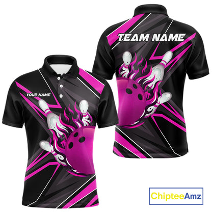 Pink And Black Men's Bowling Shirts Custom Fire Flame Bowling Team Jersey Polo & Quarter Zip TDM7534