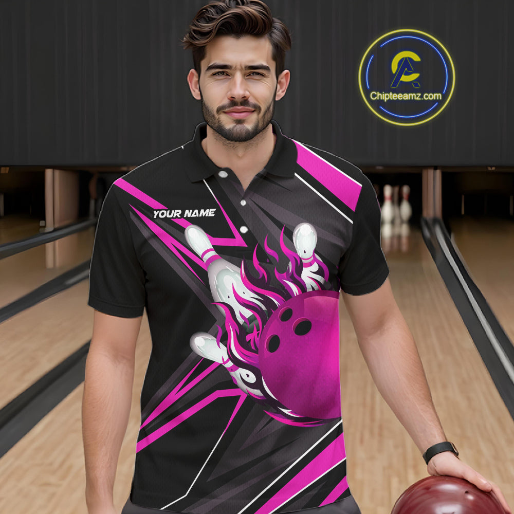 Pink And Black Men's Bowling Shirts Custom Fire Flame Bowling Team Jersey Polo & Quarter Zip TDM7534