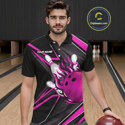 Pink And Black Men's Bowling Shirts Custom Fire Flame Bowling Team Jersey Polo & Quarter Zip TDM7534