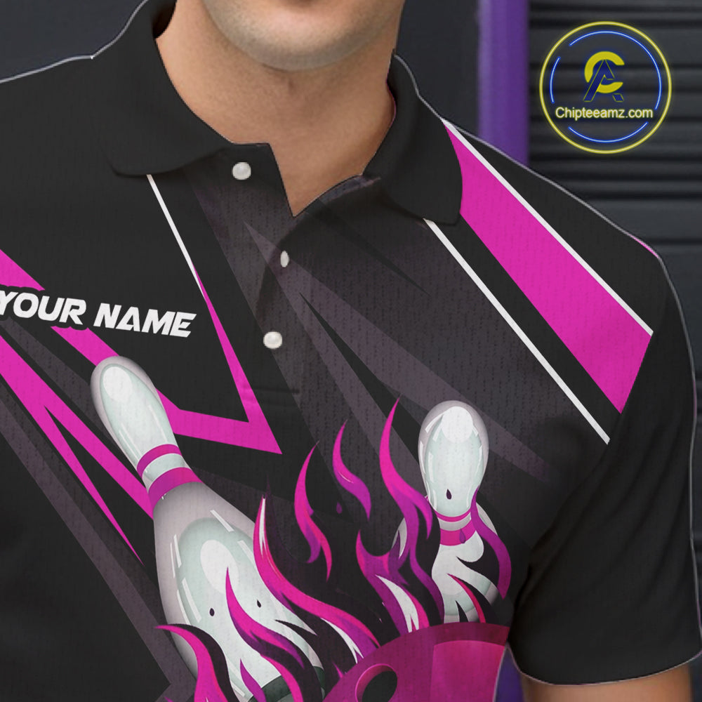 Pink And Black Men's Bowling Shirts Custom Fire Flame Bowling Team Jersey Polo & Quarter Zip TDM7534