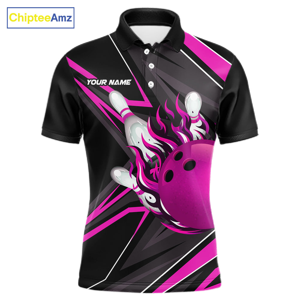 Pink And Black Men's Bowling Shirts Custom Fire Flame Bowling Team Jersey Polo & Quarter Zip TDM7534
