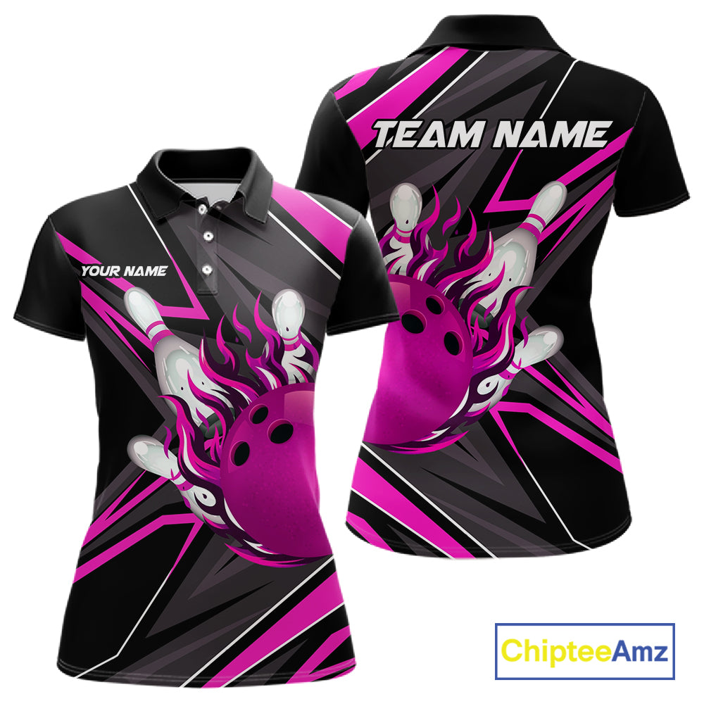 Pink And Black Women's Bowling Shirts Custom Fire Flame Bowling Team Jersey Polo & Quarter Zip TDM7534