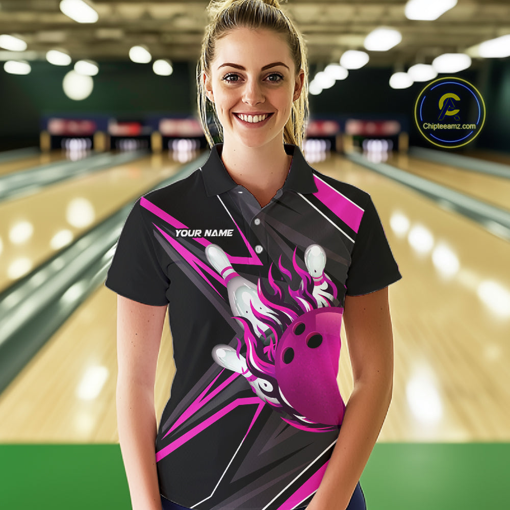 Pink And Black Women's Bowling Shirts Custom Fire Flame Bowling Team Jersey Polo & Quarter Zip TDM7534