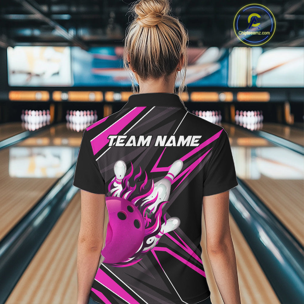 Pink And Black Women's Bowling Shirts Custom Fire Flame Bowling Team Jersey Polo & Quarter Zip TDM7534