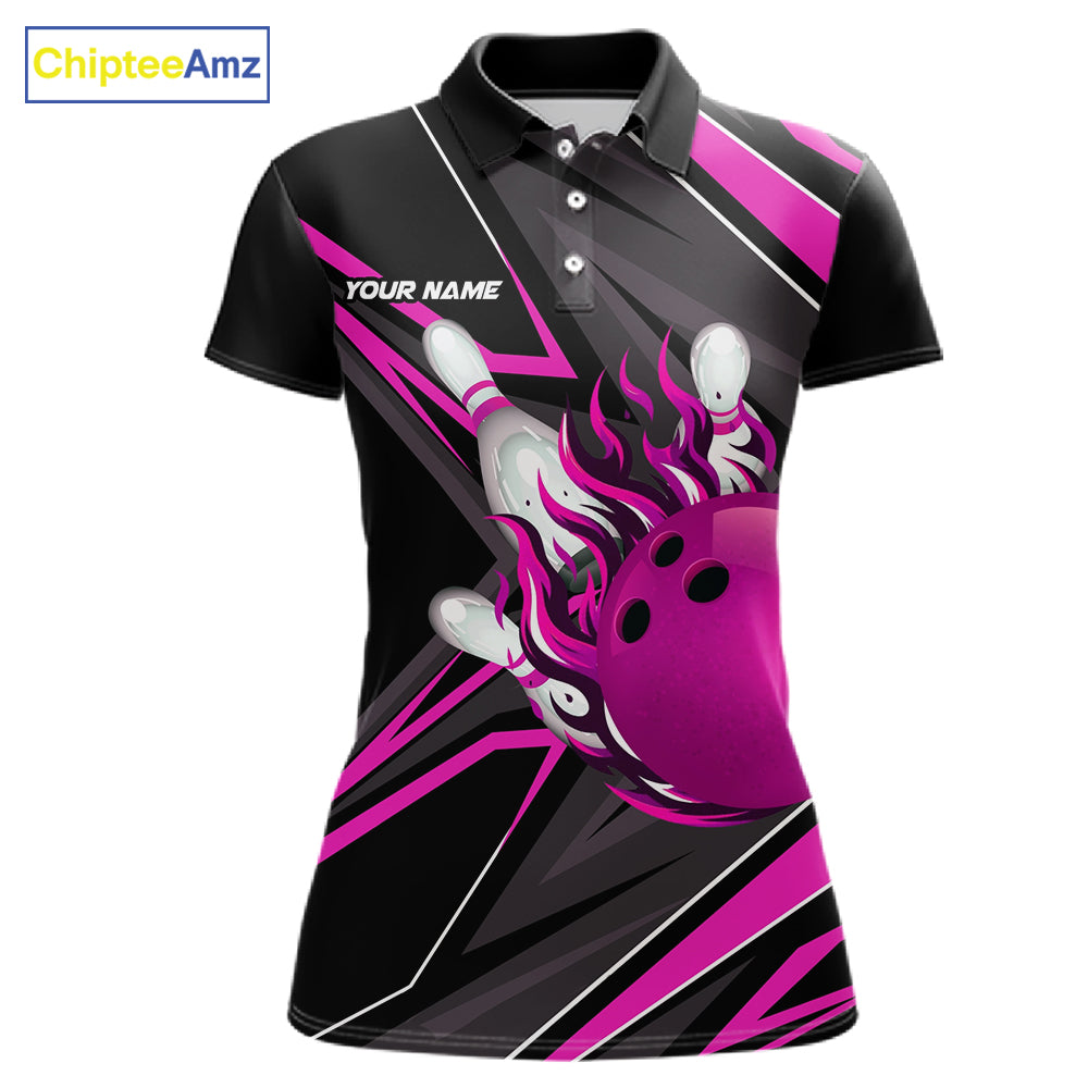 Pink And Black Women's Bowling Shirts Custom Fire Flame Bowling Team Jersey Polo & Quarter Zip TDM7534