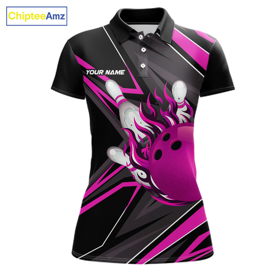 Pink And Black Women's Bowling Shirts Custom Fire Flame Bowling Team Jersey Polo & Quarter Zip TDM7534