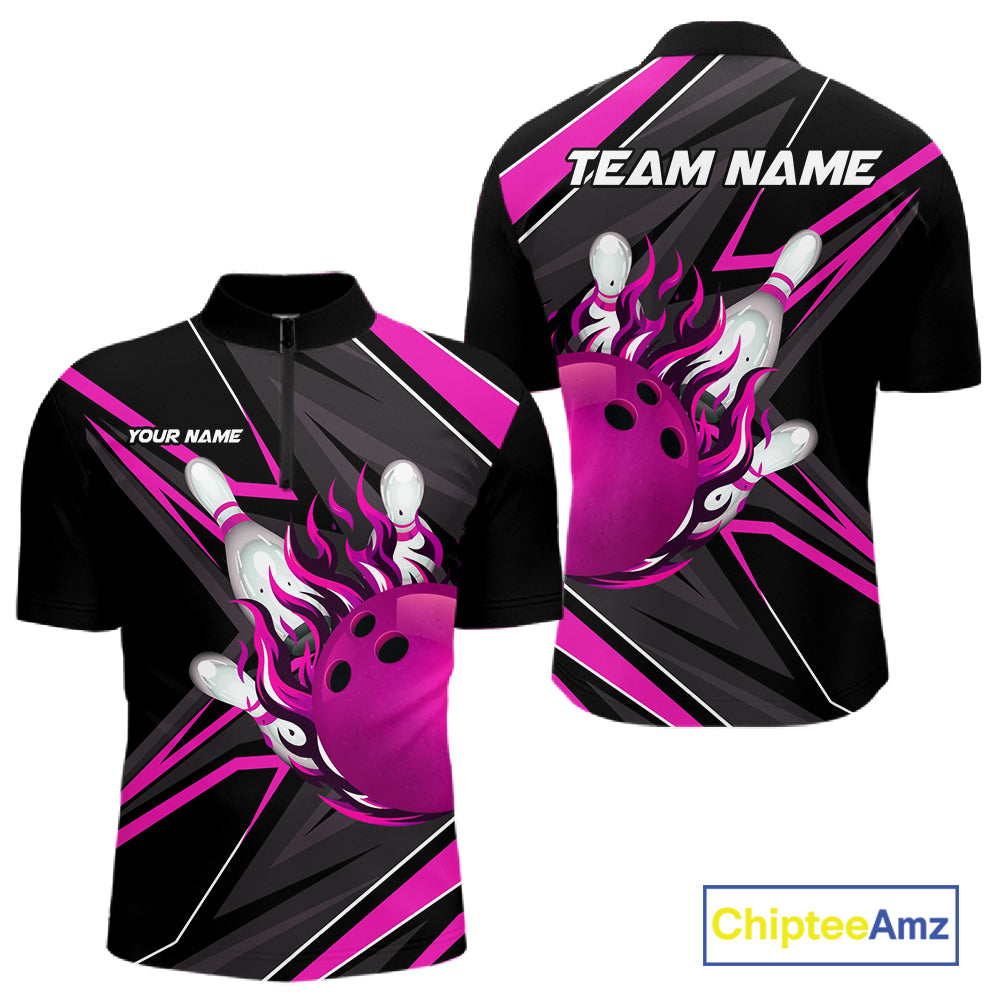 Pink And Black Men's Bowling Shirts Custom Fire Flame Bowling Team Jersey Polo & Quarter Zip TDM7534
