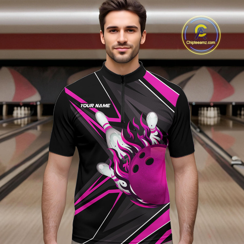 Pink And Black Men's Bowling Shirts Custom Fire Flame Bowling Team Jersey Polo & Quarter Zip TDM7534