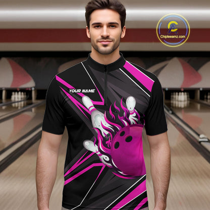 Pink And Black Men's Bowling Shirts Custom Fire Flame Bowling Team Jersey Polo & Quarter Zip TDM7534