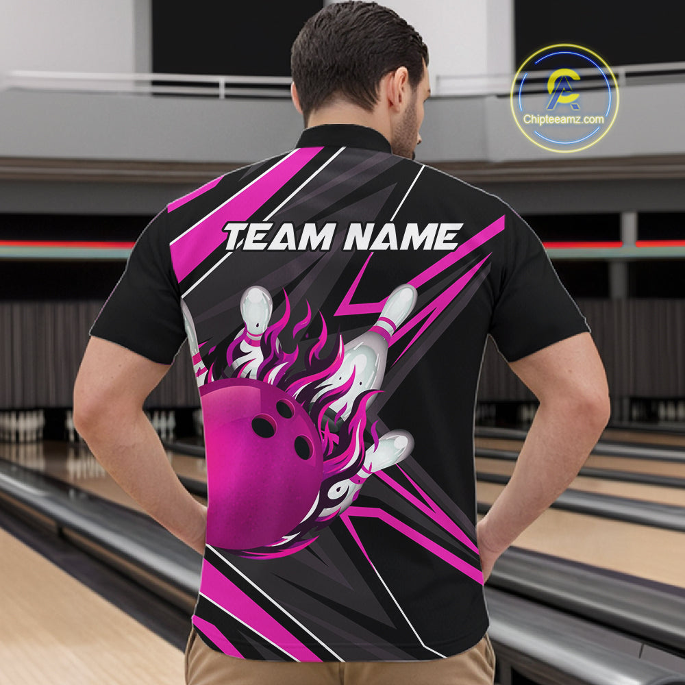 Pink And Black Men's Bowling Shirts Custom Fire Flame Bowling Team Jersey Polo & Quarter Zip TDM7534